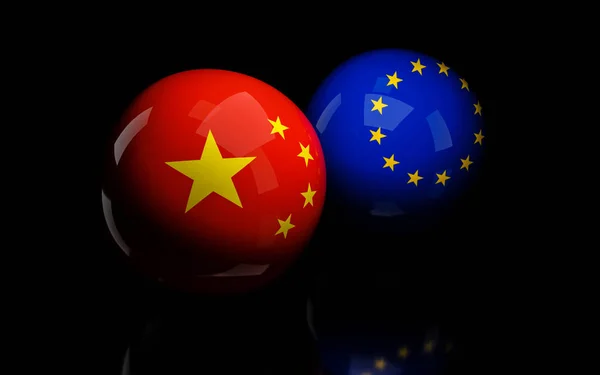 Abstraktní Republika Čína Roc vlajka a vlajka Evropské unie na lesklé kuličky billard 3d vykreslení ilustrace — Stock fotografie