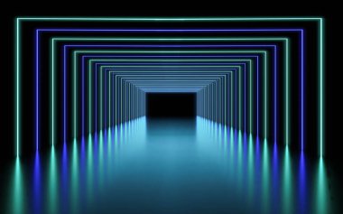 Boş bir karanlık odanın arka planı. Boş duvarlar, neon ışığı, duman, 3D yansıtma