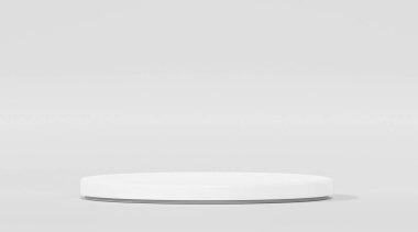 Beyaz arkaplan üzerinde modern fütürist tarzda boş alanı olan minimalist bir vitrin 3d resimleme