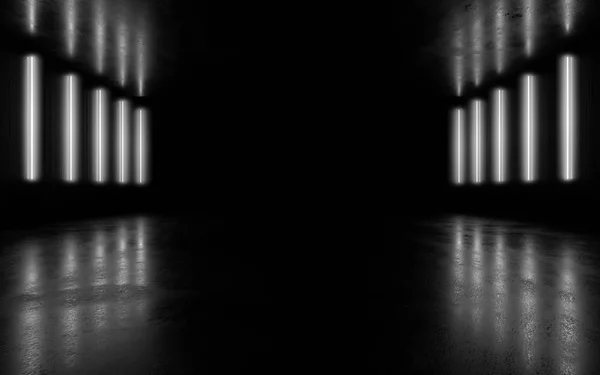 Футуристический склад комната темное зеркало глянцевое 3d рендеринг иллюстрации с бетонным гранж-пол темный интерьер с огнями, сияющими со стороны — стоковое фото