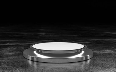 Modern gelecekçi tarzda karanlık endüstriyel grunge arka planında boş alanı olan minimalist bir vitrin. 3D illüstrasyon gösterimi.