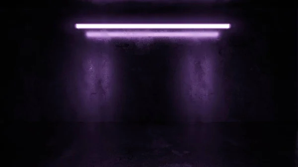 Dark underground industrial grunge basement room with violet neon light background texture wall 3d render illustration — Stock Photo, Image