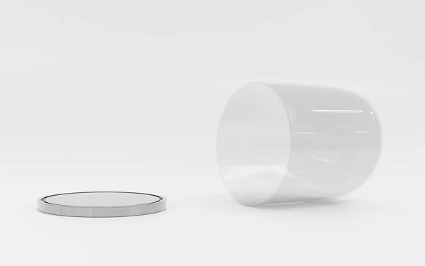 Geopende glanzende glazen bol bol voor productpresentatie naast met zilveren tablet 3d weergave illustratie — Stockfoto