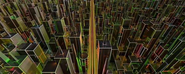 Abstrakcja, futurystyczna koncepcja miasta neonowej, czerwonej, niebieskiej, zielonej i pomarańczowej ramy drutu. Ciemna, abstrakcyjna scena, promieniowanie neonowe. Ilustracja 3D renderowania — Zdjęcie stockowe