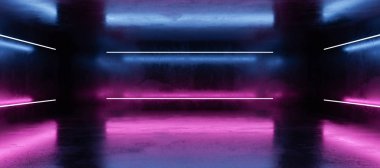 Çağdaş soyut mavi ve morumsu neon ışıklandırmalı yeraltı beton bodrumu endüstriyel grunge beton arka plan 3d çizim