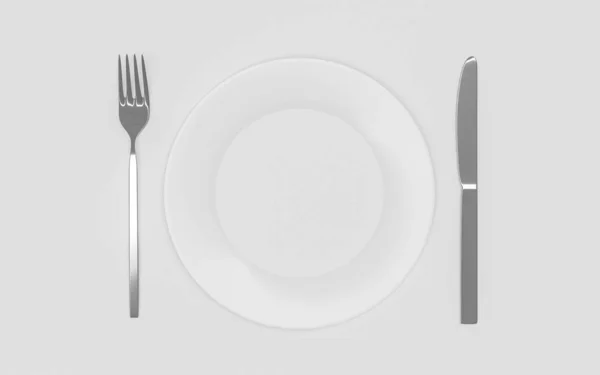 Κενό πιάτο, πιρούνι και μαχαίρι - απομονώνονται σε λευκό 3d καθιστούν εικονογράφηση — Φωτογραφία Αρχείου