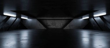 Yeraltı beton bodrumu, düşük mavi ışıklandırma endüstriyel grunge beton arka plan 3D çizim