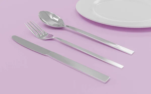 Πιρούνι, κουτάλι, μαχαίρι και πιάτο που απομονώνονται σε ροζ τραπέζι 3d καθιστούν εικονογράφηση — Φωτογραφία Αρχείου
