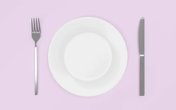 Κενό πιάτο, πιρούνι και μαχαίρι - απομονώνονται σε ροζ πίνακα rosee 3d καθιστούν εικονογράφηση — Φωτογραφία Αρχείου