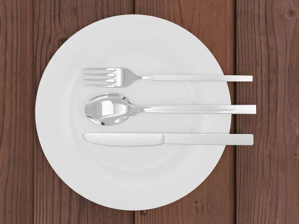 Πιρούνι, κουτάλι, μαχαίρι και πιάτο που απομονώνονται σε ξύλινο τραπέζι 3d καθιστούν εικονογράφηση — Φωτογραφία Αρχείου