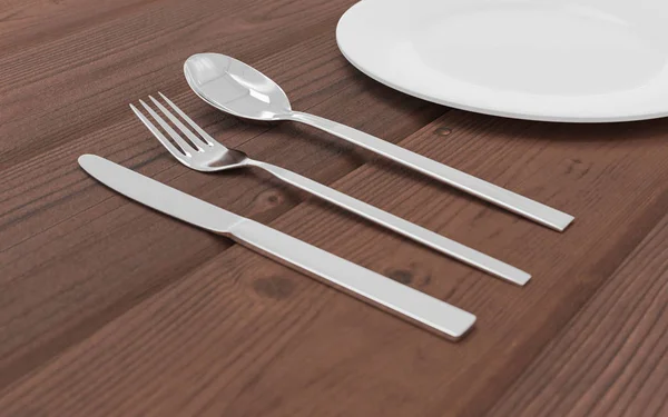 Tenedor, cuchara, cuchillo y placa aislados sobre fondo de madera 3d render illustration — Foto de Stock