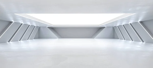 Αφηρημένο λευκό φόντο architexture αποθήκη αίθουσα με μπλε φουτουριστικό φωτισμό 3d καθιστούν εικονογράφηση — Φωτογραφία Αρχείου