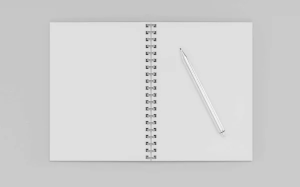 Notepad memo vazio em branco e uma caneta de prata, isolado em branco com sombras naturais 3D ilustração renderização — Fotografia de Stock