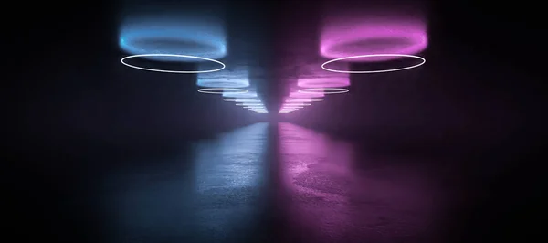 Podziemna betonowa piwnica z nowoczesnym abstrakcyjnym niebieskim i magenta neon oświetlenia i mgły przemysłowej grunge betonu tło 3d renderowania ilustracji — Zdjęcie stockowe
