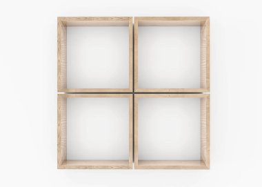 Beyaz duvar arkaplanındaki boş kahverengi ahşap tahta raf 3D çizim çizimi