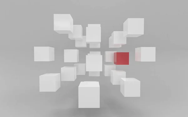 White and red flying cubes and boxes in front of white background abstract 3 render illustration — стоковое фото