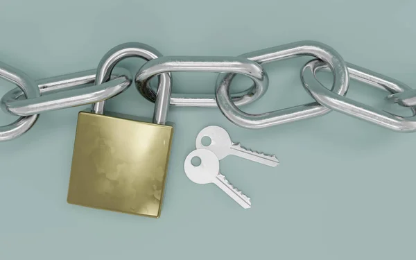 Два небольших ключа с металлической цепью и замком, изолированные на мятно-зеленом фоне 3d-рендеринга — стоковое фото