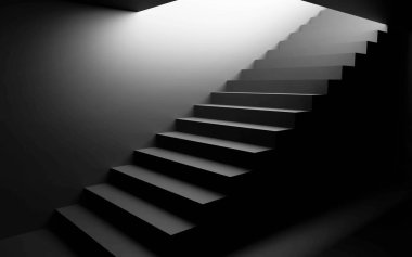 soyut siyah bodrum merdiveni gün ışığına çıkan 3D resimleme