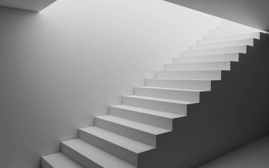 soyut beyaz bodrum merdiveni gün ışığına çıkan 3D resimleme