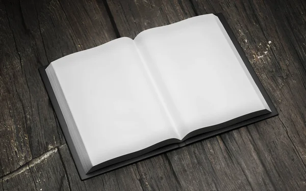 Blank empty opened book on dark wood underground 3d render illustration Stock Photo