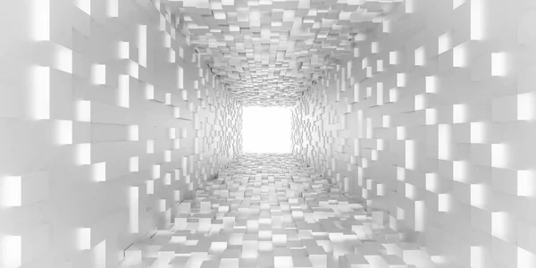 Luz blanca abstracta al final del túnel concepto futurista cubos blancos túnel 3d render ilustración — Foto de Stock