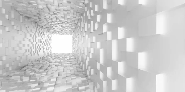Luz blanca abstracta al final del túnel concepto futurista cubos blancos túnel 3d render ilustración —  Fotos de Stock