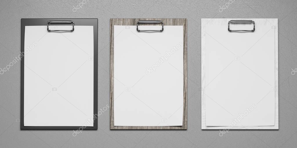 different coloured plastic and wooden clipboards with blank paper sheet isolated on grey background 3d render illustration