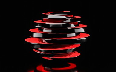 siyah ve parlak kırmızı soyut geometrik küre arkaplanda izole edilmiş dilimler halinde kesilmiş 3d illüstrasyon görüntüleyici