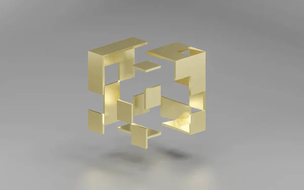 Abstact golden modern architecture background with a dissolving golden cube 3d illustration render — 스톡 사진