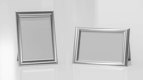 Meerdere glimmende metalen fotolijsten om uw inhoud toe te voegen op een witte glanzende ondergrondse 3D-illustratie renderen — Stockfoto