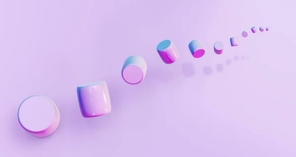 Фиолетовый и синий цилиндры, летящие на современном футуристическом фоне текстура 3d рендеринг иллюстрации — стоковое фото