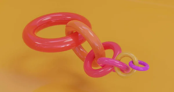 Una catena di colore rosso e rosa arancio costruire da anelli lucidi colorati moderno sfondo interno futuristico su sfondo arancione. Illustrazione rendering 3d — Foto Stock