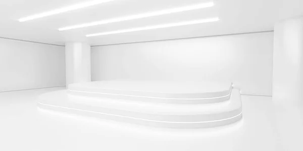Abstract white background architecture glossy room 3d render illustration with showroom staircase podium — Stock Photo, Image
