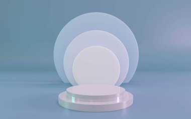 Mavi arkaplan 3d resimleme üzerinde sanat deco tarzında basamakları ve boş alanı olan minimal parlak beyaz vitrin