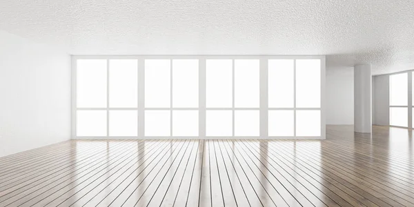 Большая белая яркая архитектура мансардных комнат делает 3D-иллюстрацию с блестящим деревянным полом и белыми текстурированными стенами дневным светом высокого ключа освещения — стоковое фото