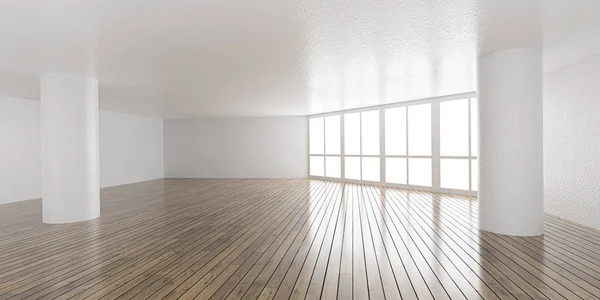 Велика біла яскрава архітектура лофт-кімнати відтворює 3d ілюстрацію з блискучою дерев'яною підлогою і білими текстурованими стінами денне світло високого ключа освітлення — стокове фото