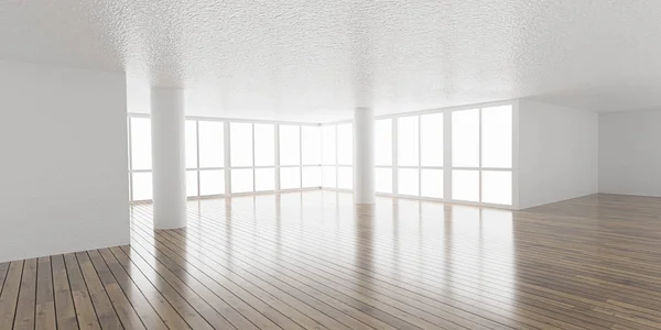 Big white bright loft room architecture render 3d illustration with shiny wooden floor and white textured walls day light high key lighting