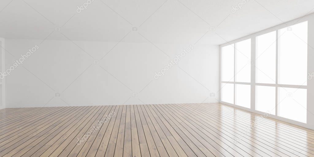 Big white bright loft room architecture render 3d illustration with shiny wooden floor and white textured walls day light high key lighting