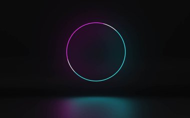 eflatun ve cyan neon ışık halkaları soyut koyu arkaplan 3D çizim