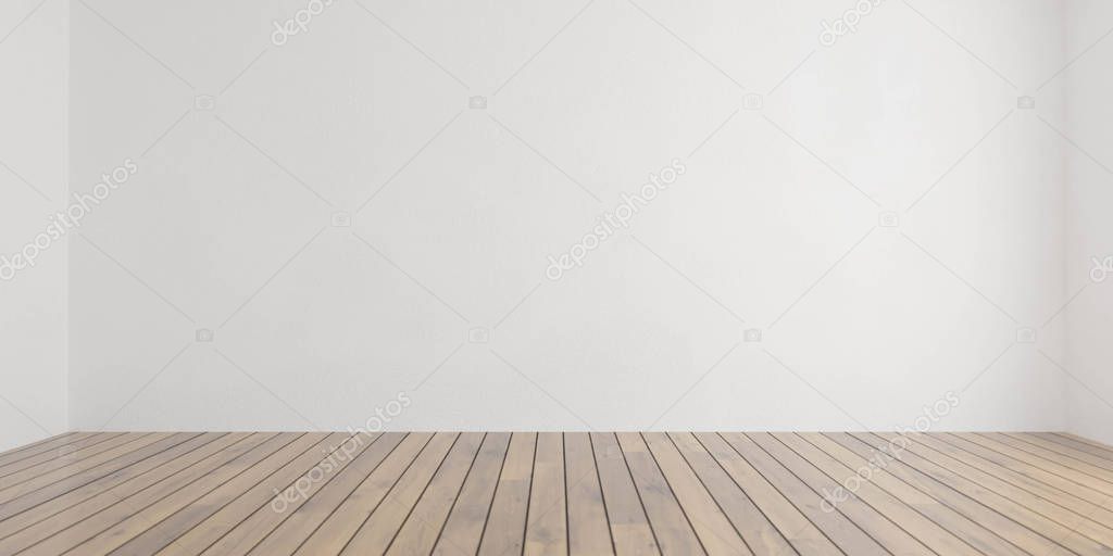 Empty white wall and wooden floor copy space background 3d render illustration