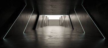 Modern karanlık fütüristik salon grunge endüstriyel arka planı minimum ışıklandırma 3D çizimi