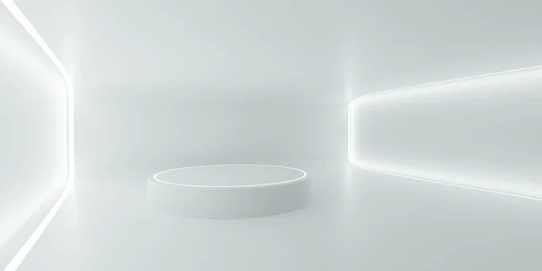 Modern white futuristic architectural design room with blueish artificial lighting 3d render illustration — ストック写真