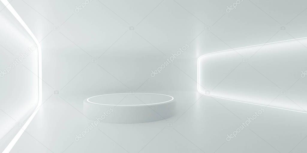 modern white futuristic architectural design room with blueish artificial lighting 3d render illustration
