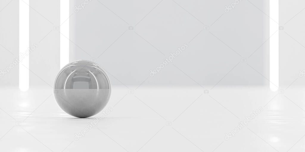 metal ball abstract sphere mirror reflection in bright industrial building, high key lighting 3d render illustration