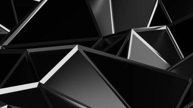 Soyut modern fütüristik duvar kâğıdı. Siyah parlak, parlak yüzey üçgenleri. Metalik tel örgülü, 3D çizim.