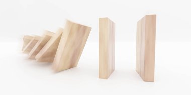 Düşen tahta bloklar beyaz arkaplanda izole edilmiş, domino etkisi konsepti 3D resimleme