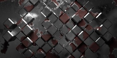 Küp kutulardan yapılmış paslı metal doku yüzeyi endüstriyel arkaplan 3D çizim