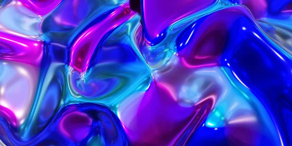 Parlak metal neon pembe ve mavi akışkan aynalı su efekti arka plan dokusu 3D resimleme — Stok fotoğraf