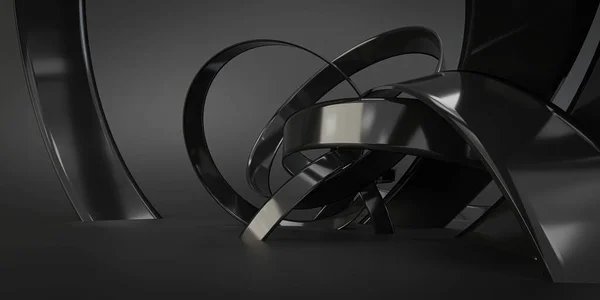 Fekete gyűrűk, modern futurisztikus háttér textúra másolási tér 3d render illusztráció — Stock Fotó