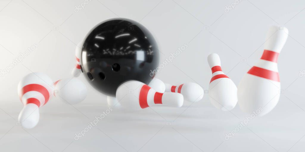3d render illustration of a bowling ball crashing into pins. Extreme perspective, depth of field focus on the ball. white background